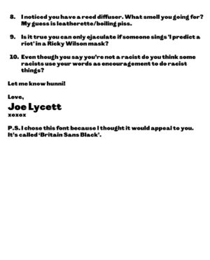 Joe Lycett Instagram - My letter to @nigel_farage. Hope the font doesn’t hurt his eyes and brings on a migrant.