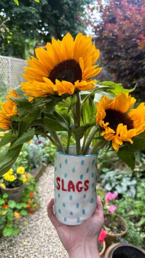 Joe Lycett Instagram - Very happy to announce a project I’ve been working on for the last year. 

Behold, The Joe Lycett Slags Vase! An appallingly amateur vase I made after a couple of white wines which has now been painstakingly recreated by hand by @duchesschina1888 in Stoke on Trent in collaboration with @theymadethistagram.

Duchess China are one of the last remaining British potteries who have been creating ceramics for over 135 years, working with the likes of Harrods, Fortnum & Mason, the House of Commons and the King of bloody England. But now they’ve stooped to making a handmade vase for me with the word ‘slag’ on it.

The fully recyclable packaging was produced locally by Pelican, with box design by Rob Wilson. Curation and production by They Made This.

This is a limited edition run of 250, with a certificate of authenticity included for your reassurance and pleasure. All the money I make from it will go to the brilliant charity @artsemergency. They go on sale on Saturday 27th July 2024 to my mailing list. Sign up at joelycett.com, link in bio