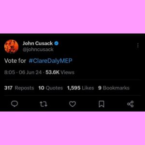 John Cusack Instagram - Many thanks to @johncusack for being a voice of conscience, and for his generous support in #EUelections2024 🙏🕊️

#Daly4Dublin #Daly4Europe