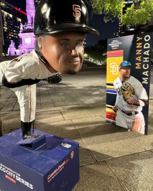 Jon Miller Instagram - SWIPE⬅️ The #sfgiants v #sdpadres in Mexico City today, 1st pitch at 3:05p, PDT. The first MLB regular season game in #mexicocity🇲🇽 . #yaaasss #superchill #yayarea 
I discovered life size bobble head installations of Giants and Padres players promoting the 2 game series all over the city. #knbr #nbcsportsbayarea ⚾️(shot w/ my iPhone 14 Pro Max in Mexico City while traveling on the subway, @metro_esca yesterday).⚾️************************************************************* @banorte_mx @hyattregencymexico @hyattregency @sfgiants @padres @mlbmexico @sfgigantes @vhon.taco