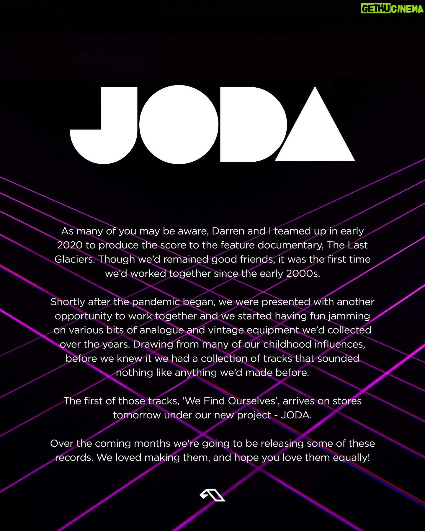 Jono Grant - 2.3K Likes - Here’s a message from @darrentatemusic and I relating to our new project - JODA.
The first single “We Find Ourselves” is out tomorrow on @anjunabeats. We hope you like it!
