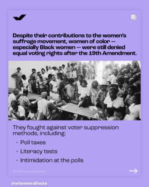 Joy Reid Instagram - Today is #womensequalityday when we commemorate ratification of the 19th Amendment to the constitution granting women the right to vote. The story though is more complicated…

Twenty-two women from @dstinc1913 were among the Black women who sought to join the landmark 1913 suffrage parade in Washington D.C. organized by leading suffragists Alice Paul and Lucy Burns for the National American Womam Suffrage Association (NAWSA). Instead of being welcomed, the Black suffragists were told they would have to match at the back of the procession in segregation. They refused.

And while all of the 250,000 or so women who joined the march faced jeers and catcalls from men who stood along the road, the Black women also faced savage beatings, including from some women marchers. The violence was so pronounced and unimpeded by DC police that congressional hearings were later held to get to the bottom of it. 

In addition, there was controversy over the announced inclusion of Dawn Mist, “the beautiful daughter of Chief Three Bears of the Glacier Park Indians,” who supposedly would ride through the procession on horseback in a buckskin dress along with other representatives of “the wildest type of womanhood” side by side with white women of the finest class. Turns out, Dawn Mist was fictional, and an invention of the public relations office of The Great Northern Railroad, who hired at least three native actresses to portray her. (Source: National Parks Service)

Despite all of this the march did happen, and eventually the Susan B Anthony suffragw and the 19th Amendment were passed by Congress and ratified on August 18, 1920 granting women the right to vote, though Black women would have to wait until the Voting Rights Act of 1965 to see the amendment implemented for them nationwide. 

The right to vote is precious and recent for so many of us. We really ought to use it.

Slides from @whenweallvote 
Find out how to register at @votedotorg 
#vote2024 #vote