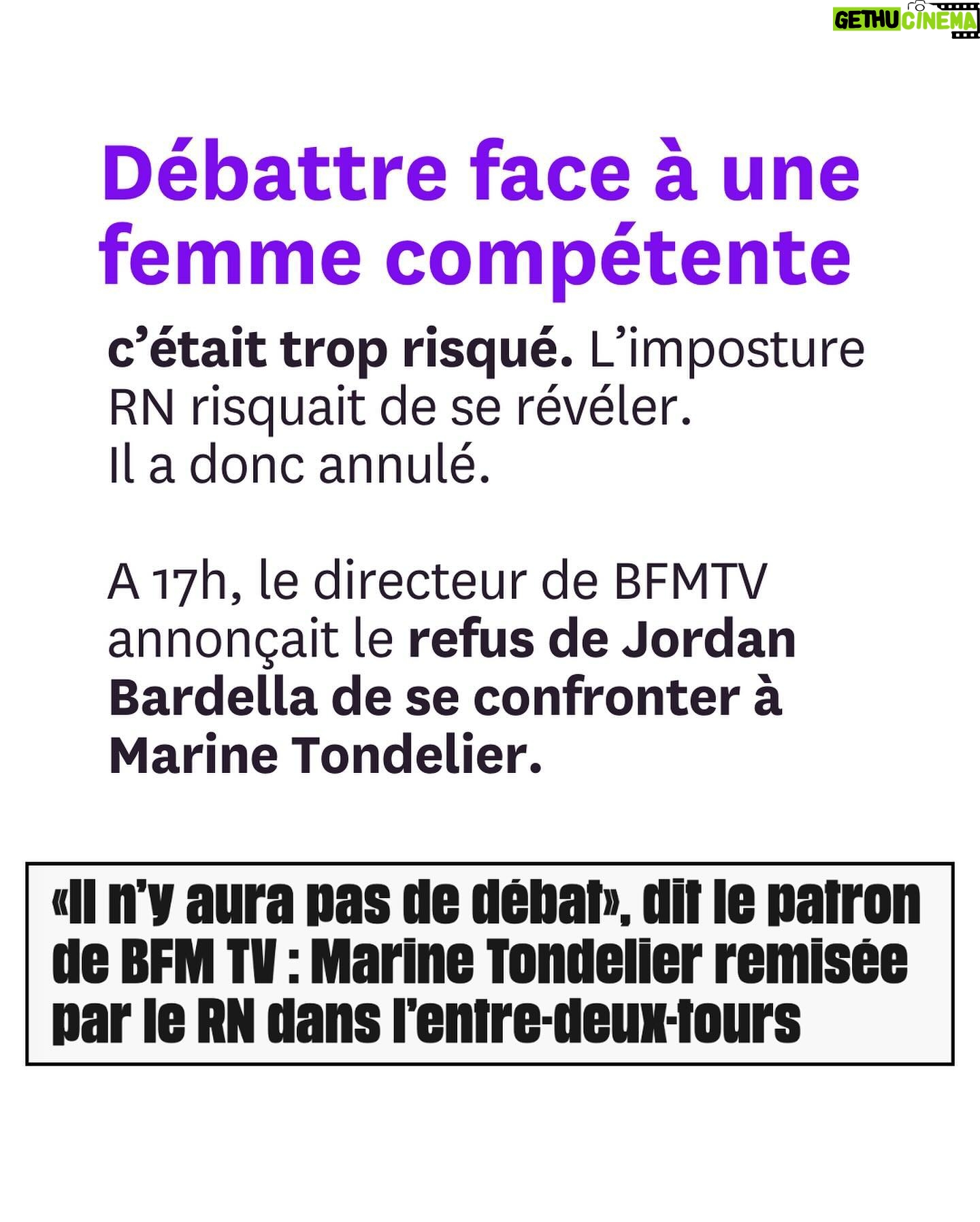 Juliette Binoche - 122.1K Likes - Votre mobilisation exceptionnelle a fait reculer Jordan Bardella. Il a refusé de débattre face à @marinetondelier. A la place, @bfmtv crée un format sur mesure pour ces messieurs en ajoutant Gabriel Attal. Ce sera Bardella-Tondelier-Attal, une heure chacun-e, dans cet ordre.
Ce qui sāest produit est honteux et montre Ć quel point le fĆ©minisme est un enjeu central du vote de dimanche.
CrĆ©ons une immense chaĆ®ne fĆ©ministe en taggant 3 amies en commentaire pour faire barrage aux misogynes du RN dans les urnes. Sāabstenir ne suffira pas. Il faut voter contre le RN, peu importe le ou la candidatĀ·e en face.
A nos tags. A nous de jouer. A nous de gagner !