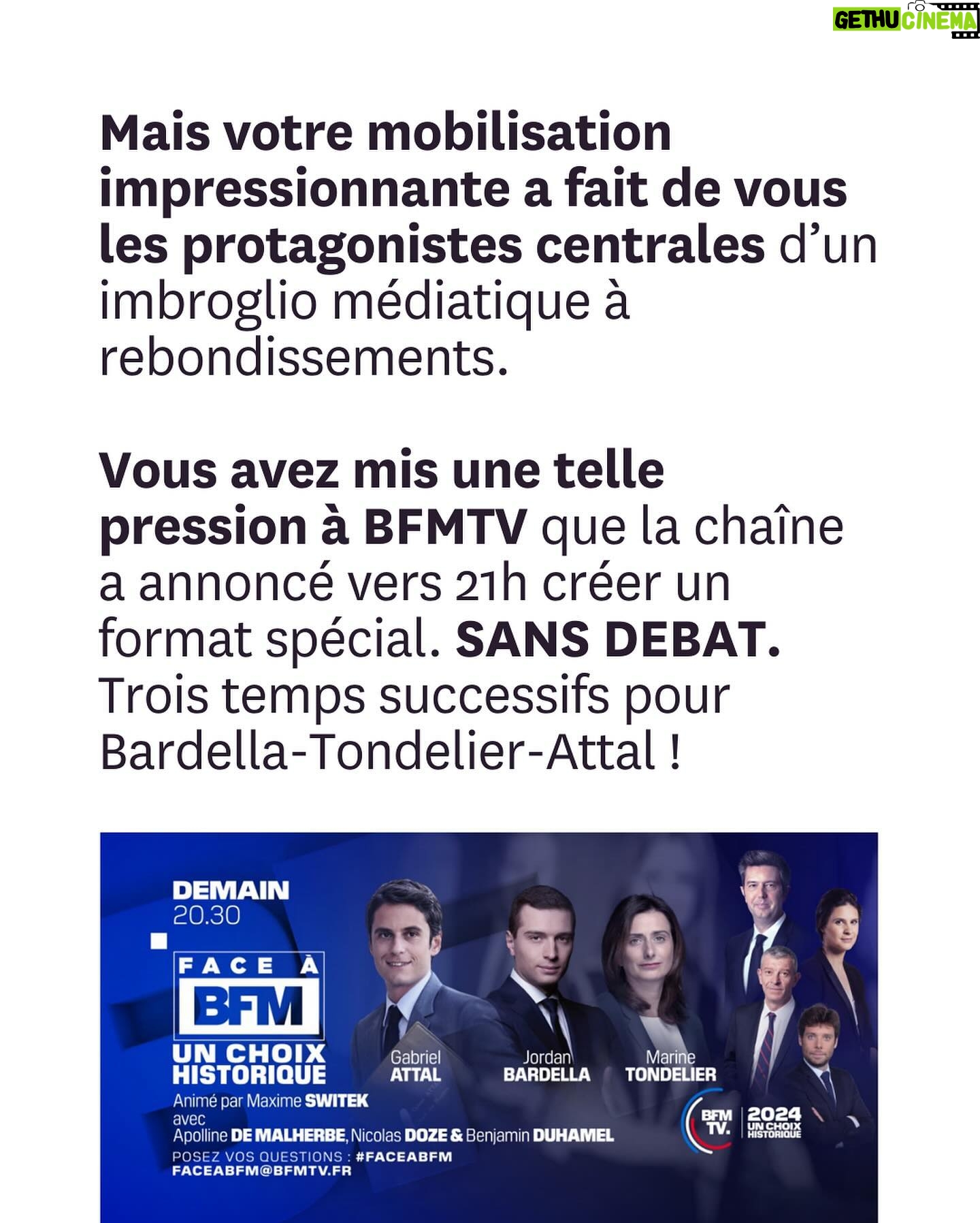 Juliette Binoche - 122.1K Likes - Votre mobilisation exceptionnelle a fait reculer Jordan Bardella. Il a refusé de débattre face à @marinetondelier. A la place, @bfmtv crée un format sur mesure pour ces messieurs en ajoutant Gabriel Attal. Ce sera Bardella-Tondelier-Attal, une heure chacun-e, dans cet ordre.
Ce qui sāest produit est honteux et montre Ć quel point le fĆ©minisme est un enjeu central du vote de dimanche.
CrĆ©ons une immense chaĆ®ne fĆ©ministe en taggant 3 amies en commentaire pour faire barrage aux misogynes du RN dans les urnes. Sāabstenir ne suffira pas. Il faut voter contre le RN, peu importe le ou la candidatĀ·e en face.
A nos tags. A nous de jouer. A nous de gagner !