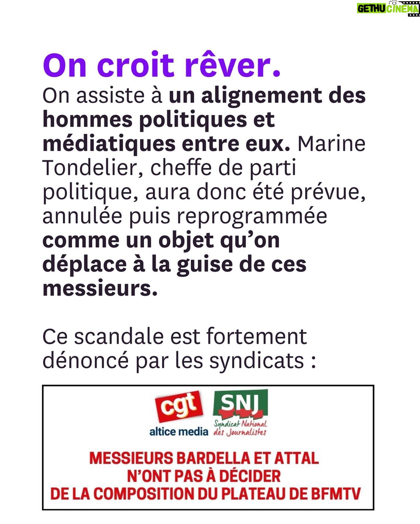 Juliette Binoche - 122.1K Likes - Votre mobilisation exceptionnelle a fait reculer Jordan Bardella. Il a refusé de débattre face à @marinetondelier. A la place, @bfmtv crée un format sur mesure pour ces messieurs en ajoutant Gabriel Attal. Ce sera Bardella-Tondelier-Attal, une heure chacun-e, dans cet ordre.
Ce qui sāest produit est honteux et montre Ć quel point le fĆ©minisme est un enjeu central du vote de dimanche.
CrĆ©ons une immense chaĆ®ne fĆ©ministe en taggant 3 amies en commentaire pour faire barrage aux misogynes du RN dans les urnes. Sāabstenir ne suffira pas. Il faut voter contre le RN, peu importe le ou la candidatĀ·e en face.
A nos tags. A nous de jouer. A nous de gagner !