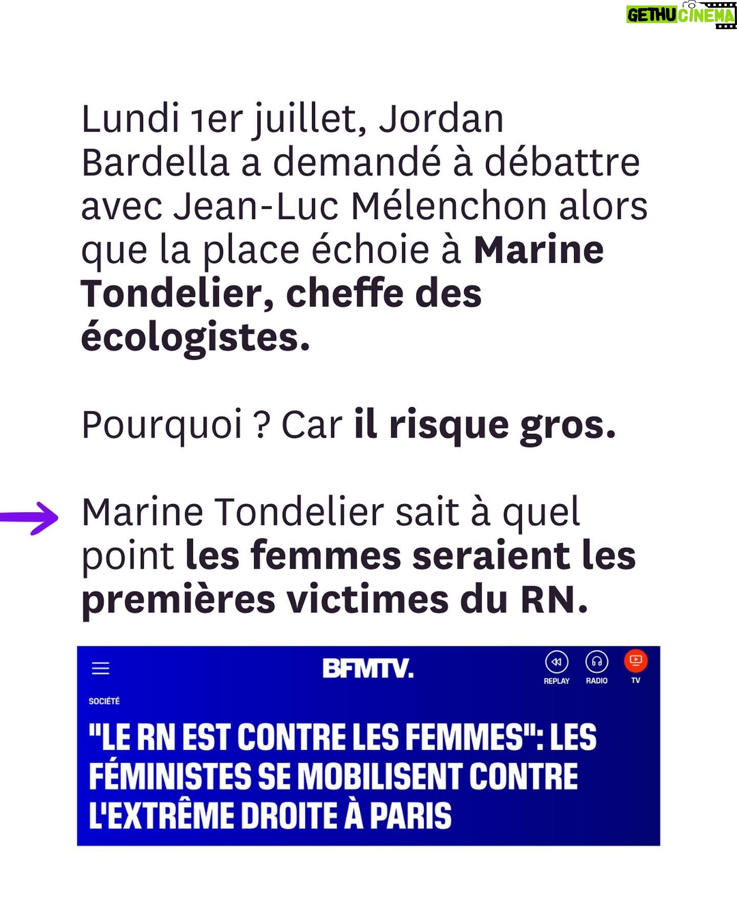 Juliette Binoche - 175.2K Likes - Mobilisation gĆ©nĆ©rale : Jordan Bardella tente dāĆ©vincer la cheffe des Ć©cologistes @marinetondelier du dĆ©bat qui doit lāopposer au Nouveau Front Populaire sur BFMTV.
Lisez ce post et interpellez massivement @bfmtv pour que nous ayons bien une femme compĆ©tente face Ć lāextrĆŖme droite dans ce dernier dĆ©bat avant le 2ĆØ tour des lĆ©gislatives.
Aujourdāhui, 230 femmes signent dans Liberation une tribune coordonnĆ©e par @anais_leleux et Fiona Texeire (Fiona_tex) pour que cesse lāinvisibilisation des femmes en politique (et ailleurs).
Nous avons besoin de votre aide pour que BFMTV respecte les conditions initiales du dƩbat.
Merci, Ć vos interpellations !