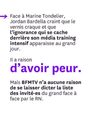 Juliette Binoche Instagram - Mobilisation générale : Jordan Bardella tente d’évincer la cheffe des écologistes @marinetondelier du débat qui doit l’opposer au Nouveau Front Populaire sur BFMTV. 
Lisez ce post et interpellez massivement @bfmtv pour que nous ayons bien une femme compétente face à l’extrême droite dans ce dernier débat avant le 2è tour des législatives. 
Aujourd’hui, 230 femmes signent dans Liberation une tribune coordonnée par @anais_leleux et Fiona Texeire (Fiona_tex) pour que cesse l’invisibilisation des femmes en politique (et ailleurs). 
Nous avons besoin de votre aide pour que BFMTV respecte les conditions initiales du débat.
Merci, à vos interpellations !