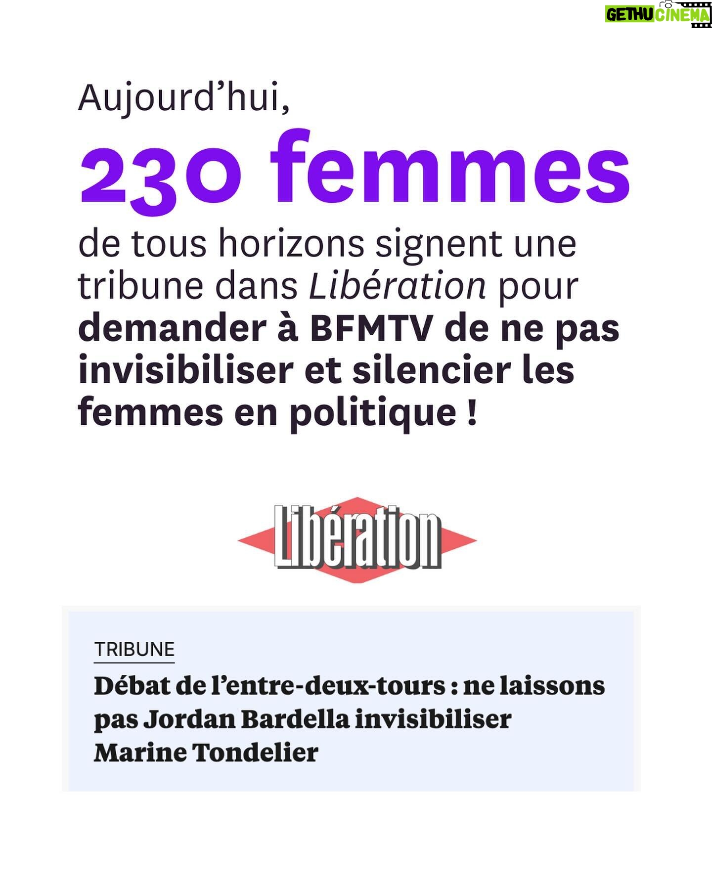 Juliette Binoche - 175.2K Likes - Mobilisation gĆ©nĆ©rale : Jordan Bardella tente dāĆ©vincer la cheffe des Ć©cologistes @marinetondelier du dĆ©bat qui doit lāopposer au Nouveau Front Populaire sur BFMTV.
Lisez ce post et interpellez massivement @bfmtv pour que nous ayons bien une femme compĆ©tente face Ć lāextrĆŖme droite dans ce dernier dĆ©bat avant le 2ĆØ tour des lĆ©gislatives.
Aujourdāhui, 230 femmes signent dans Liberation une tribune coordonnĆ©e par @anais_leleux et Fiona Texeire (Fiona_tex) pour que cesse lāinvisibilisation des femmes en politique (et ailleurs).
Nous avons besoin de votre aide pour que BFMTV respecte les conditions initiales du dƩbat.
Merci, Ć vos interpellations !