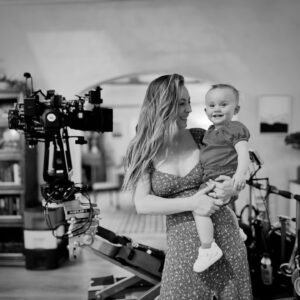 Kaley Cuoco Instagram - When your little lady visits you at work for the first time, it deserves a permanent post ♥️ I dreamed of the classic ‘baby on camera ‘ pic since the day she was born. Maybe she will share this pic in 20 years when she is on the Late Show 😛 📸 Chris Messina