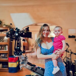 Kaley Cuoco Instagram - When your little lady visits you at work for the first time, it deserves a permanent post ♥️ I dreamed of the classic ‘baby on camera ‘ pic since the day she was born. Maybe she will share this pic in 20 years when she is on the Late Show 😛 📸 Chris Messina