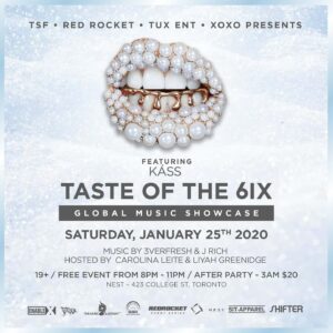 Káss Instagram - Make sure to catch me @nesttoronto this upcoming Saturday Jan 25th, to hear some of my new unreleased music

Free Event 8pm -11pm; 
After party from 11pm onwards, $20 charge

@nesttoronto
@tasteofthe6ixgms
@shiftermagazine 
@sit_apparel 
@enablexproject @redrocketeventseries 
@tsf.brzy 
@lindonsonstudios 
@thecharleslewis 
@goode_tv 
@global_music_ent @themusicquadrant