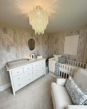 Kendall Rae-Knight Instagram - His dreamy nursery ☁️🏹🧴🫧🤍 

Better late than never, his gorgeous little nursery so many of you wanted to see.. it’s definitely my favourite room in the house. All I wanted was it to feel calm and peaceful, it’s perfect.

Nursing chair -  @obabyuk sorced by @millieandralph *prproduct
Canvas - @milk_creative_ 
Changing mat & cot- @beautiful_bambino