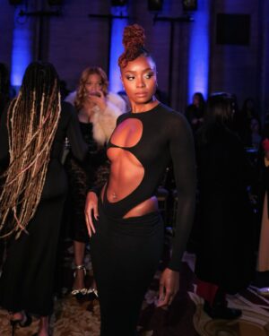 KiKi Layne Instagram - @laquan_smith 🖤🖤

I lowkey still can’t believe I actually wore this lol. Thank you #LaquanSmith for having me at your show and encouraging me to step out of my comfort zone. 

#NYFW