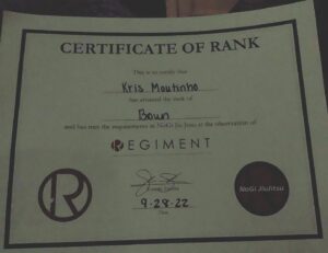 Kris Moutinho Instagram - Another humbling day to add to the many I've had. Thank you @regimentgrapplingcoach and @regiment_training_center  for granting me with my nogi brown belt I know  its not gi but my focus has only ever been fighting so gi has never been my focus so I appreciate this kindness and thank you for all the improvements you have implamented in my game 
.
.
.
#regimenttrainingcenter #nogi #jiujitsu #alwaysimproving