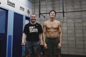 Lee Jae-yoon Instagram - My Coach HW @cfgn_ej 

5 rounds of:
500m Row
30 Box Jump
30 Wall Ball Shots
&
155lbs Back Squats 15-15-15-20-20

More cardio and endurance workouts now.
Lost a few Kilos, compared to Physical 100.
Oh yeah. too many topless photos on my feed.
I better cover up🫢