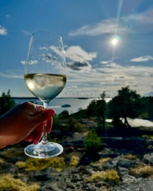 Lisa Nilsson Instagram - Måste utbringa en skål - i motljus - för att sista dagen före uppbrott är en så givande och lycksalig dag! Att avloppet funkar ingen, att avloppsanläggaren tog sig tid att komma hela vägen ut hit ifrån Strängnäs på en söndag! Att vädret var så fint att det gick att bjuda honom på lunch vid fina utsikten efter den slammiga mödan, att en dotter och en kusin fick snorkla sig runt vikarna med min älskade bror 😍 Att storfamiljen har så många gulliga småbarn just nu, att få kaffe med öns tappraste trebarnsmamma på en brygga, att få kasta pinne åt en överentusiastisk hund, att vinden mojnade och molnen skingrades, att glittret fortfarande ligger över fjärden efter kl 18, att äldstan ringde och lät glad, att en bolognaise står på kokning, att denna sommar gett så mycket gemenskap och vila, att Margauriten fortfarande blommar, att mitt sovrum är så underbart och svalt, att båttrafiken aldrig blir tråkig, att jag hade en skvätt Sancerre kvar i kylen, att Joni Mitchell fortfarande är intressant att lyssna på efter 35 år med samma skiva i en gammal bärbar cd-spelare från förr, att de sista tre kvarvarande i min närmsta familj snart knatar upp för min långa backe, och att jag och mina döttrar ska få fira min 54 årsdag med min pappa och styvmor på tisdag! 
Livet är i vändning och sommarsluts-vibb på fler sätt än att en årstid går mot skolstart.. Varje minut, varje enastående minut är vår så länge vi lever. Och jag har goda skäl att gråta oftare och mer lättillgängligt nuförtiden. Precis som att jag oftare tycker om människor numera. Med varje årsring ökar utrymmet för träffytorna utifrån och in. 
Precis som att det med varje extra kilo finns mer att klappa på och (!) att leva av - sen på slutet när inte ens aptiten kan lura oss ifrån döden längre. 
Tack ❤️🙏🏼🥂🍀
