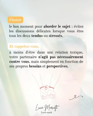 Lucie Mariotti Instagram - Les désaccords font partie intégrante de toute relation humaine. 🙏

Les disputes peuvent être source de tension et de stress, mais aussi de croissance et de compréhension mutuelle lorsque nous les abordons de manière constructive. 🎢

Alors swipez à gauche pour apprendre comment les prévenir, comment les gérer et comment rétablir l’équilibre dans le couple après une dispute.💕

Avec foi de l’amour, 
Lucie

#rencontre #epanouissement #sérénité #spiritualite #yogafrance #lovecoaching #rupture #travailsursoi #rencontrecélibataire #epanouie #serenité #yogapourtous #coachingfrance #coachingholistique #accompagnementpersonnalisé #disputes #desacccords #gestiondedispute