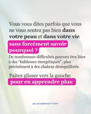 Lucie Mariotti Instagram - Des chakras équilibrés sont essentiels pour notre bien-être.  Ils sont comme des portes énergétiques disposées dans notre corps, avec sept principaux chakras qui influencent différentes dimensions de notre vie.✨

Lorsqu’ils ne sont pas harmonisés, cela peut avoir un impact significatif sur notre vie quotidienne et de nombreuses difficultés peuvent être liées à des “faiblesses énergétiques”. 😿

A contrario, lorsque nos chakras sont en harmonie, nous pouvons ressentir une amélioration significative de notre bien-être, nous permettant de vivre une vie plus équilibrée et épanouie 🌈✨. 

En particulier, en travaillant sur le chakra du cœur, nous pouvons renforcer notre capacité à ressentir et à donner de l’amour inconditionnel 💚🌸.

C’est le travail que je vous propose de faire lors de ma masterclass offerte “Comment l’énergétique peut impacter votre vie amoureuse?” le jeudi 27 juin à 18h. Pour vous assurer une place, n’oubliez pas de vous inscrire via le lien disponible dans ma bio.

Avec foi en l’amour,
Lucie
#couple #celibataire #developpementpersonnel #développementpersonnel #estimedesoi #lovecoaching #rupture #travailsursoi #ruptureamoureuse #relationamoureuse #relationdecouple #estime #jemaime #coeurbrise #masterclass #energies #soineneregtique #chakras