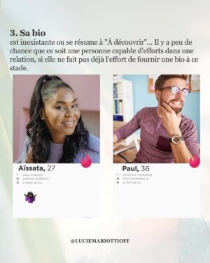 Lucie Mariotti Instagram - Comment repérer les red flags sur les applis de rencontre? ❓
Quelles informations rechercher sur les profils ? 🤔
Quels détails observer dans les photos? ❓
Comment détecter les légendes trompeuses, et comment décoder l’usage du langage ou les réactions disproportionnées ? 🤔

Si vous vous posez toutes ces questions, je vous ai préparé une liste de 6 principaux red flags. ⛳

Et n’oubliez pas, cette liste est généraliste. Suivez toujours votre intuition et votre instinct! ❤️

Dites-moi dans les commentaires quels sont les red flags que j’ai oubliés. ✍️

Avec cœur,
Lucie

#bienveillance #programme #devperso #amourdesoi #lovecoaching #rencontres
#évolution #épanouissement #epanouissementpersonnel #serenite #trouverlamour
#bienveillanceenverssoimeme #lahochi #reikifrance #soinsénergétiques