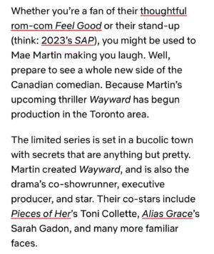 Mae Martin Instagram - THE STUFF DREAMS ARE MADE OF. 
Dream team, dream time. Can’t wait to unveil this show.
@springtimeyeti @toni_collette_official @sarahgadon @syd_topliffe @alyviaalind @patrickjadams @brandonjaymclaren  @jclosefaction @netflixca