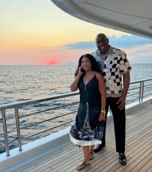 Magic Johnson Instagram - Decided to get dressed in my Italian flair with a custom Versace outfit for dinner in Capri, Italy! The sunset was gorgeous, just like my wife Cookie 😍 so we had to grab a picture!
