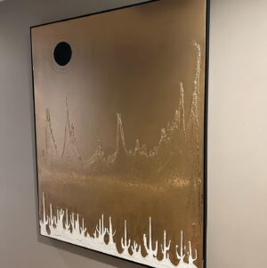 Marco Dapper Instagram - Fools Gold. This piece is a fun one with all different types of lighting. (I prefer it in natural lighting) First painting I have done involving light. The ⚫️ represents the sun and the moon. By day the sun, but in darkness with a beam of light directed at the ⚫️ it becomes a lunar eclipse. The black paint doesn’t reflect the light so the illusion of light feels like it’s coming from behind the ⚫️ 60”x48” oil, acrylic, and acrylic spray on canvas. Hit me up if you’re at all interested. Cheers. #lunareclipse #blackholesun