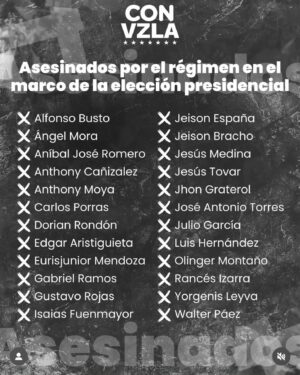 María Gabriela de Faría Instagram - Por ellos, los 24 asesinados por Nicolás Maduro solo en los últimos días. 
Por los cientos de asesinados poe la dictadura a lo largo del régimen.
Por los miles de secuestrados desde las elecciones.

No podemos dar un paso atrás. 
No podemos olvidar. 

Que la tortura, el secuestro y la pérdida de nuestra dignidad como pueblo no sean en vano.