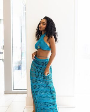 Marsai Martin Instagram - sai summer’s around the corner 😋 @prettylittlething 

Turquoise Cross Front Crochet Knit Bralet
  Maxi Skirt (CNC8715, CNC8714)