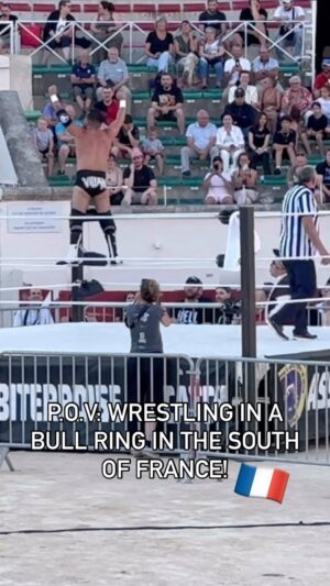 Martin Scurll Instagram - To be a true international wrestler, you have to wrestle everywhere and anywhere! A unique setting for @abccatch in Bezier, France! 🇫🇷 

#villain ☔️
