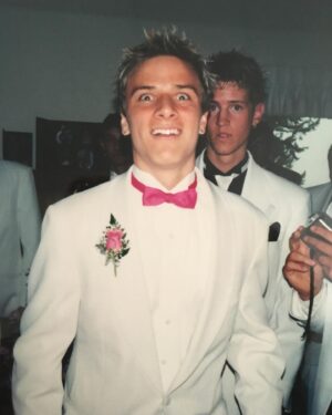 Matt Cutshall Instagram - High School prom Matt in the house. I went pink bowtie to match my dates dress. How sick is that? Right before the dance my buddy Chris Jolliff and I chugged a few Smirnoff Ice’s while blasting Jagged Edge to get riled up.