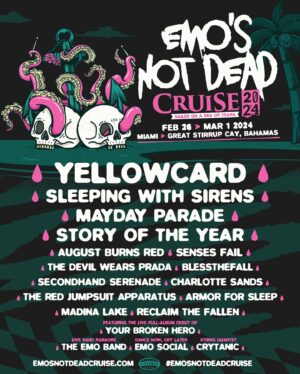Matt Cutshall Instagram - We told you we would be adding to our already stacked line-up and we meant it! We are stoked to welcome five new incredible bands on board the SOLD OUT Emo’s Not Dead Cruise 2024:

@sleepingwithsirens 
@blessthefall
@secondhandjohn 
@redjumpsuit 
@madina.lake 

You’re welcome. See you on board! 🚢🖤