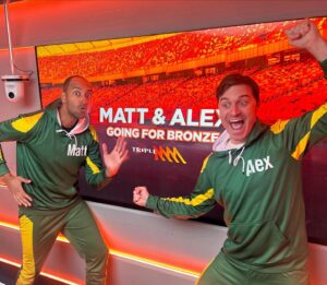 Matthew Okine Instagram - These athletic specimens are about to kickoff 2 weeks of sporting glory LIVE on @triplemrock. 

From 12 midday @matt.and.alex are GOING FOR BRONZE, your daily wrap of the Paris games from the all angles, (including that low angle old people use to take selfies.)

We’ll be joined by channel 9 commentator and former Olympian @georgie_parker19 to add some much needed credibility, so tune live on your radio, or find us on the @listnrau app. 

💚💛LET’S GO AUSSIESSZSS 💛💚