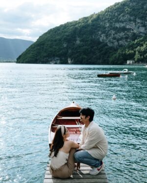 Meganne Young Instagram - During this time were in Annecy, France, we were also celebrating with the family for Fofo’s sister’s wedding 🩷 It was just perfect that we were able to shoot in such a beautiful location. Nothing planned. We just wore whatever clothes we had for our trip. Walked around mindlessly. Exactly how we wanted it. We met with our photographers at 6am, walked around the the quiet streets, sipped on hot chocolate and eventually found a cafe where we had breakfast. 🫶🏻 

📸 @mymetrophoto
