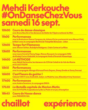Mehdi Kerkouche Instagram - ODCV4 LE PROGRAMME !!!! 
Rdv les 16 et 17 septembre prochain à @theatrechaillot pour notre grand retour !!!!
Des cours, des performances, des talks, un cabaret, un club, des battles, une roller party, un cinéma… et surtout des ARTISTES INCROYABLES mobilisés pour l’association @instacekedubonheur qui œuvre toute l’année pour améliorer le quotidien des enfants et ados hospitalisés partout en France 🙌🏻
L’événement de mes rêves dans le théâtre de mes rêves  @theatrechaillot qui nous accueille pour lancer leur saison pour ce premier #CHAILLOTEXPÉRIENCE 🫶🏻🫶🏻🫶🏻🫶🏻
Comme chaque année tu pourras retrouver les performances sur l’insta @emkadanceproject pour nous suivre de n’importe où 
et encore mille surprises qui se préparent DONC TU BLOQUES LES 16 et 17 SEPTEMBRE !!!!
(From nos salons confinés to tout ça en fait 😭😭😭😭😭)
Merci à nos partenaires @meta @menart_fair @cultureboxftv @francemusique