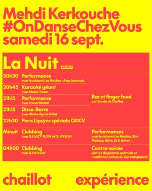 Mehdi Kerkouche Instagram - ODCV4 LE PROGRAMME !!!! 
Rdv les 16 et 17 septembre prochain à @theatrechaillot pour notre grand retour !!!!
Des cours, des performances, des talks, un cabaret, un club, des battles, une roller party, un cinéma… et surtout des ARTISTES INCROYABLES mobilisés pour l’association @instacekedubonheur qui œuvre toute l’année pour améliorer le quotidien des enfants et ados hospitalisés partout en France 🙌🏻
L’événement de mes rêves dans le théâtre de mes rêves  @theatrechaillot qui nous accueille pour lancer leur saison pour ce premier #CHAILLOTEXPÉRIENCE 🫶🏻🫶🏻🫶🏻🫶🏻
Comme chaque année tu pourras retrouver les performances sur l’insta @emkadanceproject pour nous suivre de n’importe où 
et encore mille surprises qui se préparent DONC TU BLOQUES LES 16 et 17 SEPTEMBRE !!!!
(From nos salons confinés to tout ça en fait 😭😭😭😭😭)
Merci à nos partenaires @meta @menart_fair @cultureboxftv @francemusique