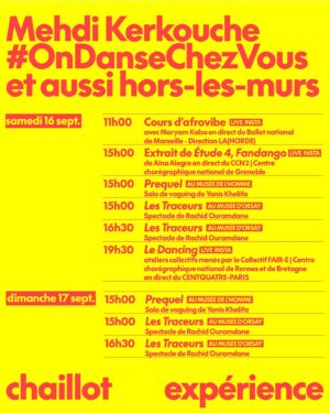 Mehdi Kerkouche Instagram - ODCV4 LE PROGRAMME !!!! 
Rdv les 16 et 17 septembre prochain à @theatrechaillot pour notre grand retour !!!!
Des cours, des performances, des talks, un cabaret, un club, des battles, une roller party, un cinéma… et surtout des ARTISTES INCROYABLES mobilisés pour l’association @instacekedubonheur qui œuvre toute l’année pour améliorer le quotidien des enfants et ados hospitalisés partout en France 🙌🏻
L’événement de mes rêves dans le théâtre de mes rêves  @theatrechaillot qui nous accueille pour lancer leur saison pour ce premier #CHAILLOTEXPÉRIENCE 🫶🏻🫶🏻🫶🏻🫶🏻
Comme chaque année tu pourras retrouver les performances sur l’insta @emkadanceproject pour nous suivre de n’importe où 
et encore mille surprises qui se préparent DONC TU BLOQUES LES 16 et 17 SEPTEMBRE !!!!
(From nos salons confinés to tout ça en fait 😭😭😭😭😭)
Merci à nos partenaires @meta @menart_fair @cultureboxftv @francemusique