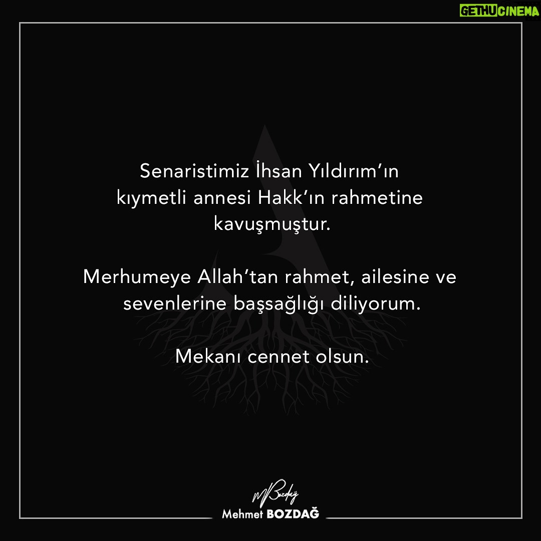 Mehmet Bozdağ - 2.1K Likes - Senaristimiz İhsan Yıldırım’ın kıymetli annesi Hakk’ın rahmetine kavuşmuştur.
Merhumeye Allah’tan rahmet, ailesine ve sevenlerine başsağlığı diliyorum.
Mekanı cennet olsun.