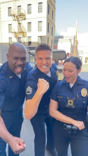 Melissa O'Neil Instagram - Sometimes we act a fool on this show…. but God Bless @therookieabc too! #bradford #chen #grey #therookie #season7 #vamos