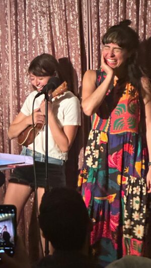 Melissa Villaseñor Instagram - @katemicucci and I being lil rascals and singing “the bare necessities” at my show “fresh coffee fresh bits” @pda_space ! ☕️ 🐻