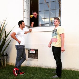 Michael Grant Terry Instagram - Laying out our plans for the future with the boss @hartdhanson … Circa 2014. Feels like yesterday and also a lifetime ago. @pejvahdat isn’t listening, he’s thinking about if he can get some candy in before his next closeup. #bones