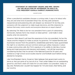 Michelle Obama Instagram - Like Vice President Harris, Governor @TimWalz believes that government works to serve us. Not just some of us, but all of us. That’s what makes him an outstanding governor, and that’s what will make him an even better vice president. Michelle and I couldn’t be happier for Tim and Gwen, their family, and our country.