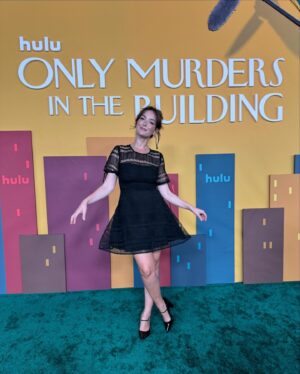 Milana Vayntrub Instagram - Went to the premiere of @onlymurdershulu to show you my calves. Wait no. I mean to celebrate the work of idols, friends and strangers. The first episode of season 4 is so fun and the party was blast! Thanks for having us @hulu!

Always wearing my @coattmorsecoded bracelet. This one says Thank You in Morse code because being grateful keeps the good times coming, and they don’t stop comin.