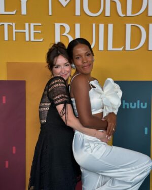 Milana Vayntrub Instagram - Went to the premiere of @onlymurdershulu to show you my calves. Wait no. I mean to celebrate the work of idols, friends and strangers. The first episode of season 4 is so fun and the party was blast! Thanks for having us @hulu!

Always wearing my @coattmorsecoded bracelet. This one says Thank You in Morse code because being grateful keeps the good times coming, and they don’t stop comin.