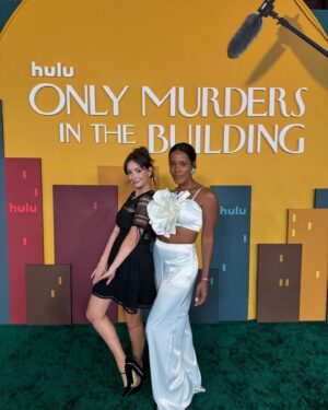 Milana Vayntrub Instagram - Went to the premiere of @onlymurdershulu to show you my calves. Wait no. I mean to celebrate the work of idols, friends and strangers. The first episode of season 4 is so fun and the party was blast! Thanks for having us @hulu!

Always wearing my @coattmorsecoded bracelet. This one says Thank You in Morse code because being grateful keeps the good times coming, and they don’t stop comin.