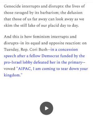 Mona Eltahawy Instagram - My new essay: On Vice President Kamala Harris, Rep. Cori Bush, disruption, protest, feminism and genocide.

Genocide is not polite. Genocide interrupts. Genocide is that action for which there must be an equal and opposite reaction.

Feminism must be that equal and opposite reaction to genocide not only because genocide kills women and children and maims and terrorises pregnant women. Feminism is not only about women and children and pregnant women. Feminism is about destroying patriarchy, and what is genocide but patriarchy writ large; toxic masculinity drunk on its power and ability to dominate, to obliterate, to kill, maim, and terrorise women, children, and men.

Feminism is not merely a woman in a position that has never been held by a woman before. Feminism is a woman in a position of power who uses that power to destroy, not uphold, patriarchy.

Genocide interrupts and disrupts: the lives of those ravaged by its barbarism; the delusion that those of us far away can look away as we skim the still lake of our placid day to day.

Asking protesters demanding the U.S. end its support for Israel’s genocide "Do you want Trump?" is the wrong question to ask.

The question is when will the U.S. stop arming, aiding, and abetting Israel's barbarism?

Link in bio and stories 

https://www.feministgiant.com/p/essay-feminism-vs-genocide