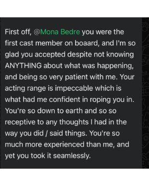 Mona Kakade Instagram - An Honest and Sincere love story, with THEATRE ❤️

Sharing the messages from my directors(permission taken 😇)first one from @bhavyabalantrapu 💕and second from @suhas__v 💕and @suki.kooky for being instrumental in my debut on stage after ages 💕

I want to express gratitude to universe and these lovely people who made me a part of their “plays” and gave me an opportunity to perform an act on stage ,which  I was always passionate about 🤩

I wish to do more work of such kind which satisfies my hunger to be on stage and experience the eternal bliss of performing in front of live audience 💕🫰🏽

#monabedre 
#actor 
#stage 
#stageplay 
#gratitude 
#passion 
#post 
#messages