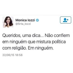 Monica Iozzi Instagram - #tbt Fiz este post em 2015. Naquela época eu já tinha muito medo do crescimento da bancada evangélica no Congresso. 

E não, não estou falando sobre intolerância religiosa. Se não fizer mal a outros, cada um pode acreditar no que quiser.

O que sempre questionei são aqueles que se aproveitam da religiosidade das pessoas para fins políticos.

O cidadão não se torna automaticamente competente e honesto apenas por ser pastor, padre, bispo, etc. 

E, o mais preocupante é que vivemos num país laico, ou seja, todas as religiões são permitidas no Brasil e o Estado não pode estar vinculado a nenhuma delas. Ou pelo menos, não deveria estar.

E a coisa segue se alastrando. Em breve, teremos no STF (Supremo Tribunal Federal) um ministro “terrivelmente evangélico”. Ao ser aprovado pelo Senado para a vaga em aberto no Supremo, o futuro ministro André Mendonça declarou: 

'Um passo para o homem, um salto para os evangélicos'.

Mas o que isso significa? Um passo para o quê exatamente?
Por que seguimos equipando os 3 poderes com figuras tão ligadas às igrejas evangélicas? 

Já parou pra pensar nisso?
Não?
Então pense um pouquinho.
Como vive a maioria da população dos países que não faz esta distinção?
A situação é grave, minha gente.

E, pra terminar, uma dica:
Jogue no Google “políticos apoiados pelo Pastor Silas Malafaia”.
Só joguem… 

Ah! Uma observação importante… eu não tenho Twitter desde 2017, ok? 😎

#estadolaico
#liberdadereligiosa