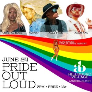 Morgxn Instagram - Mark your calendars!! 🌈🪩

June 24 AB will be hosting a free concert, Pride Out Loud with performances by: @morgxnofficial, @adammacmusic, @allywaytobefree and @longlivecrystalrose. Hosted by 👑 @vag4short. 

This is more than just a concert; it's a celebration of love, diversity, and the incredible LGBTQ  community we have in Nashville. 

🧡💛💚🩵💙💜🩷

Doors 6:30PM
Show 7PM
Free show 
18 
One hour free parking in the garage below AB. Entrance located to the left of our front door. 

Booking   Events: derek@anzieblue.com