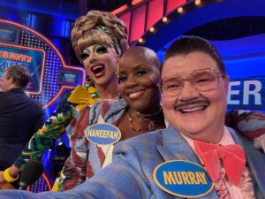 Murray Hill Instagram - Survey says..... HOLY SHIT! You're not gonna believe this but the cast of @hulu new show #DragMeToDinner just "competed" on Celebrity @FamilyFeud w/ @iamsteveharveytv 👑 Here I am w/ teammates @thebiancadelrio @haneefahwood @nph @dbelicious 💅 The "other" team featured @jackiebeat @bendelacreme @willam @manilaluzon @the_symone 📺 Air date TBA after they edit out most of the taping 🤡 Non-stop laughs with this crew, my sides hurt (well, and from the BBQ too) 🍌🥬🍍🍑 DMTD drops May 31! #showbiz #dragisnotacrime 
#represent 
.
hair @blaqfrancishair 
m/u @katelynbarton87 
suit @sharpe.haus 
shirt @cegonyc