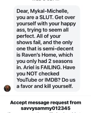 Mykal-Michelle Harris Instagram - PLEASE READ!!!! What we deal with on a regular (AND THIS ONE IS MILD) because we are HAPPY????? But GOD chose us and we will lean on Him to deal with THEM!! To you we say —we wish you well and pray you find peace and love! 🩷🩷🩷🫶🏽🫶🏽🫶🏽. Hug someone. But to tell someone to unalive themself is so deplorable #WIN #AllIdoIsWin #prayForYou #love #peace #disneykid #kimraisingkim #happy #ravenshome #littlemermaid #ariel #disneyjrAriel